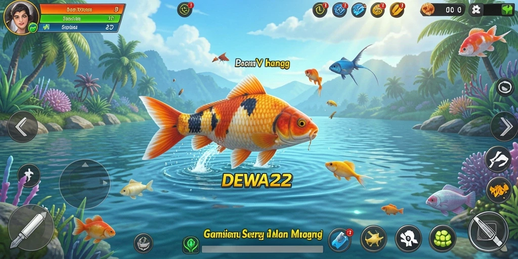 Tampilan gameplay DEWA22 saat menangkap ikan di laut.