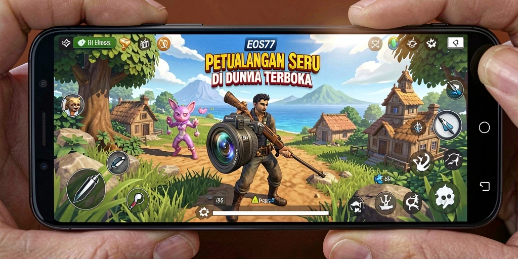 Screenshot gameplay EOS77 yang menampilkan petualangan di dunia terbuka.