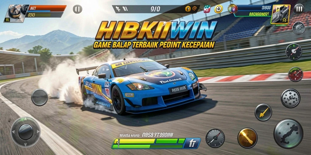 Tampilan gameplay seru dalam HIBIKIWIN dengan mobil balap tercepat.