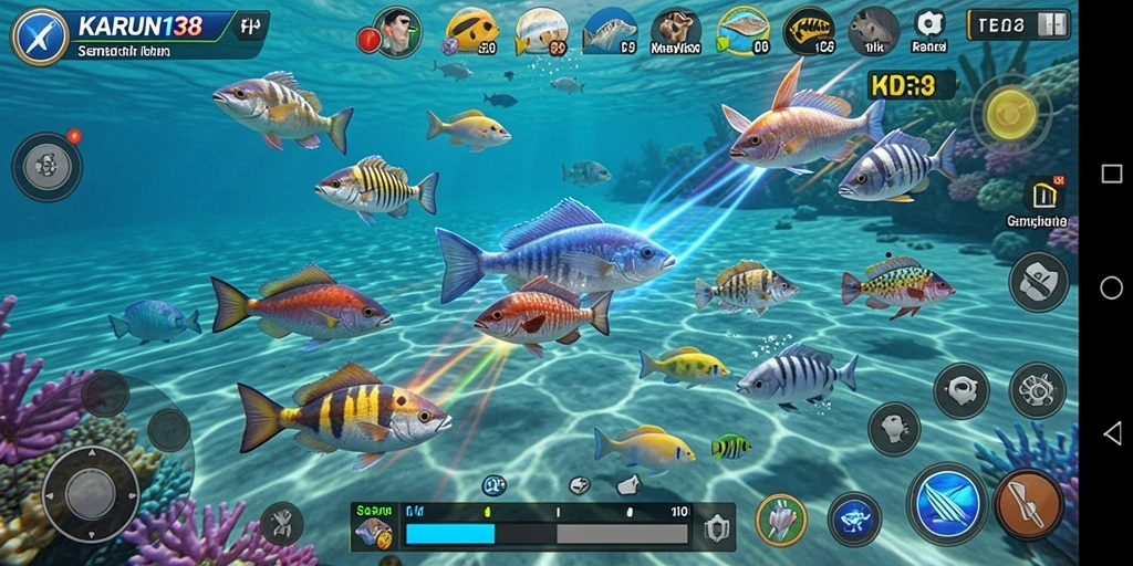Tampilan gameplay penuh aksi dalam KARUN138 saat menembak ikan.