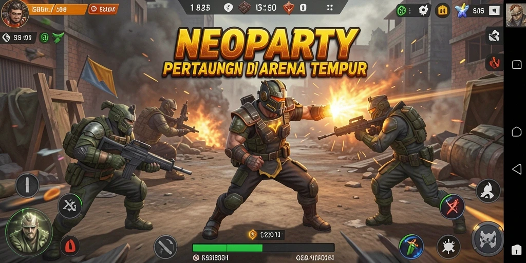 Screenshot gameplay NEOPARTY menampilkan pertarungan yang intens dan karakter unik.
