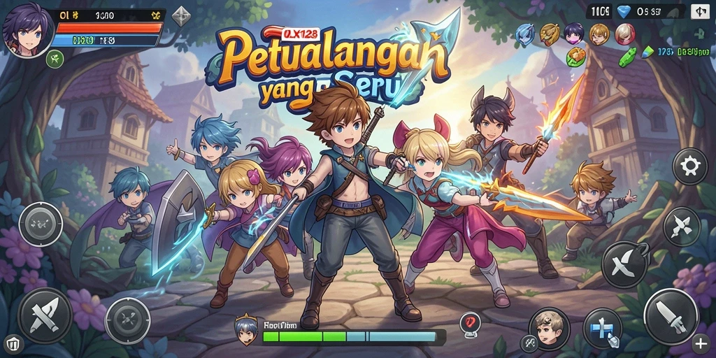 Tangkapan layar gameplay OLX128 yang menunjukkan karakter Anime dalam petualangan seru.