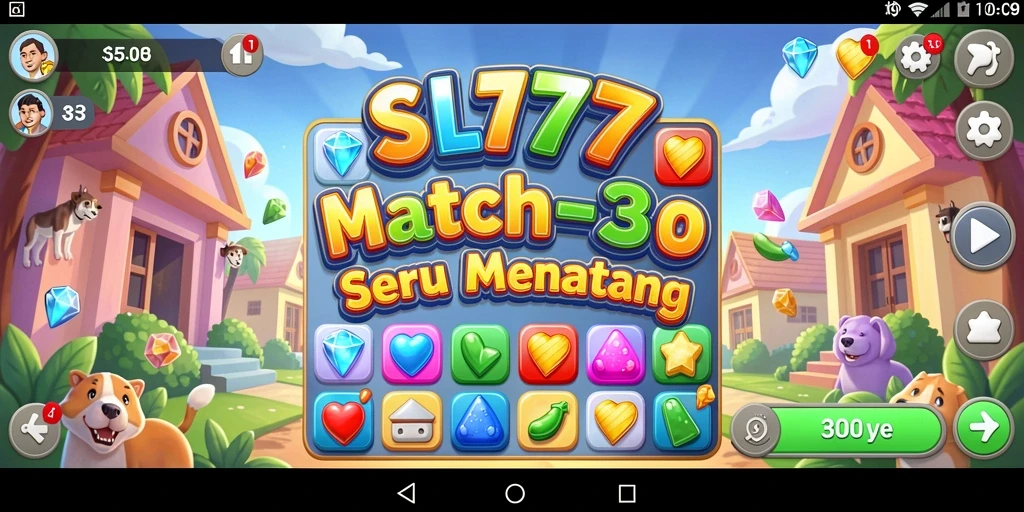 Tampilan karakter dan permata dalam gameplay Match-3 SL777.